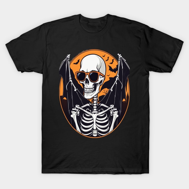 Halloween Skeleton with Bats Flying Around T-Shirt by BirdsnStuff